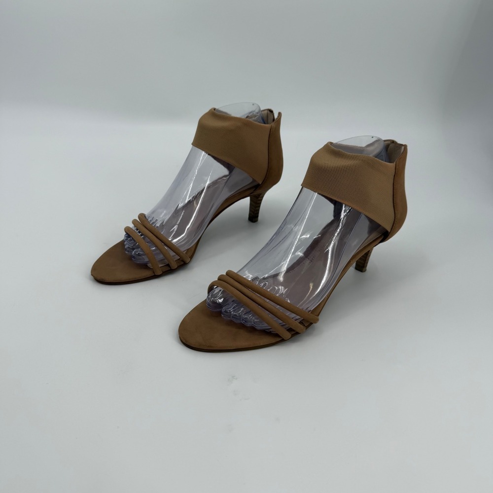 Pelle Moda Tan Mesh Ankle Strap Kitten Heel Sandals Women 8.5 M Open Toe Zipper